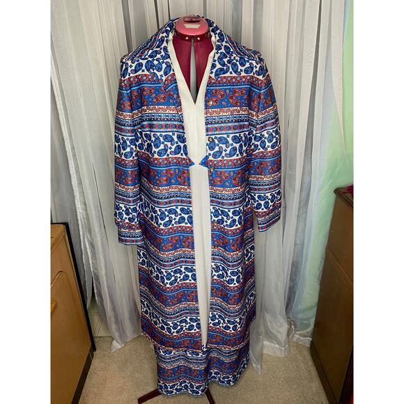 maxi dress with patterned yoke boho with coat 70s Vintage white blue red - Picture 12 of 16